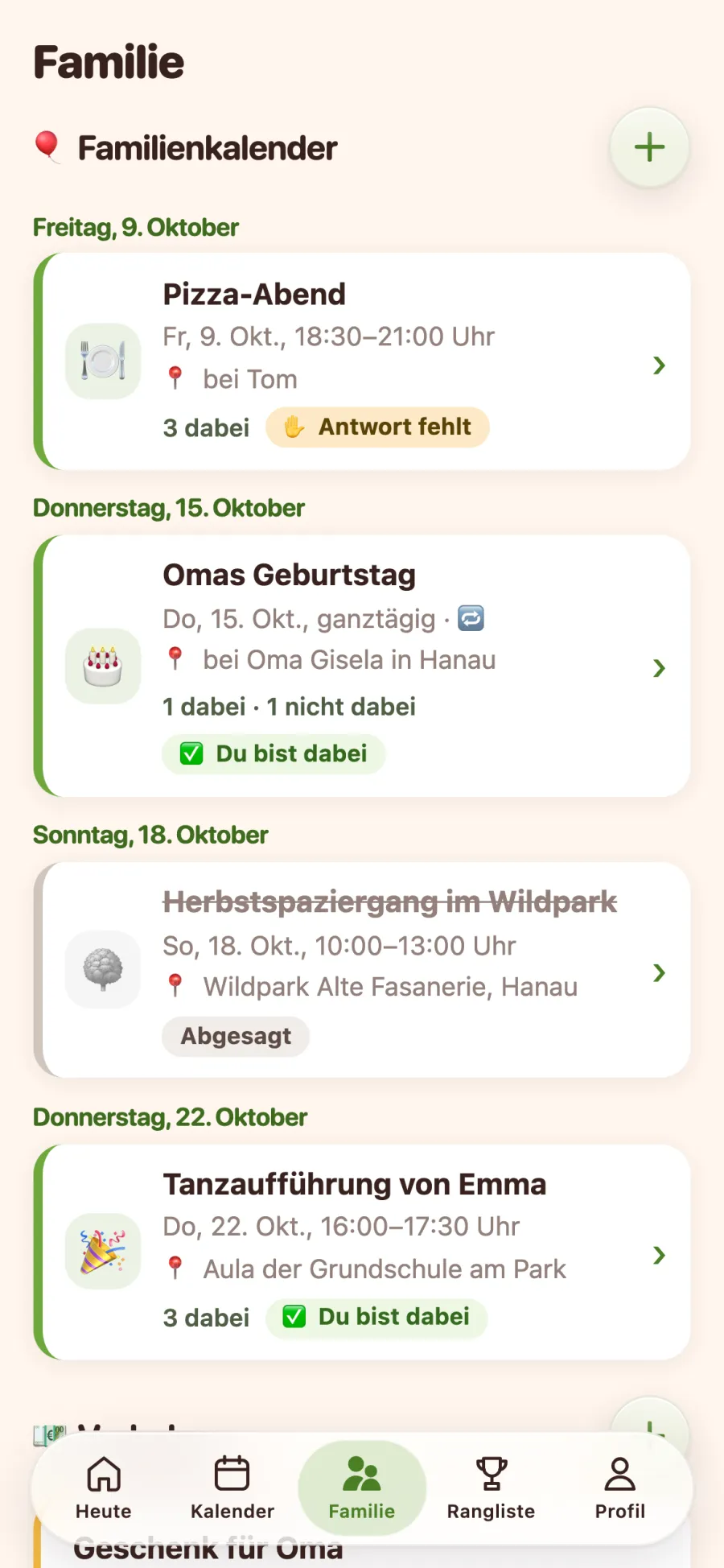 Tab „Familie“ in der App mit dem Familienkalender: Pizza-Abend, Omas Geburtstag und Tanzaufführung