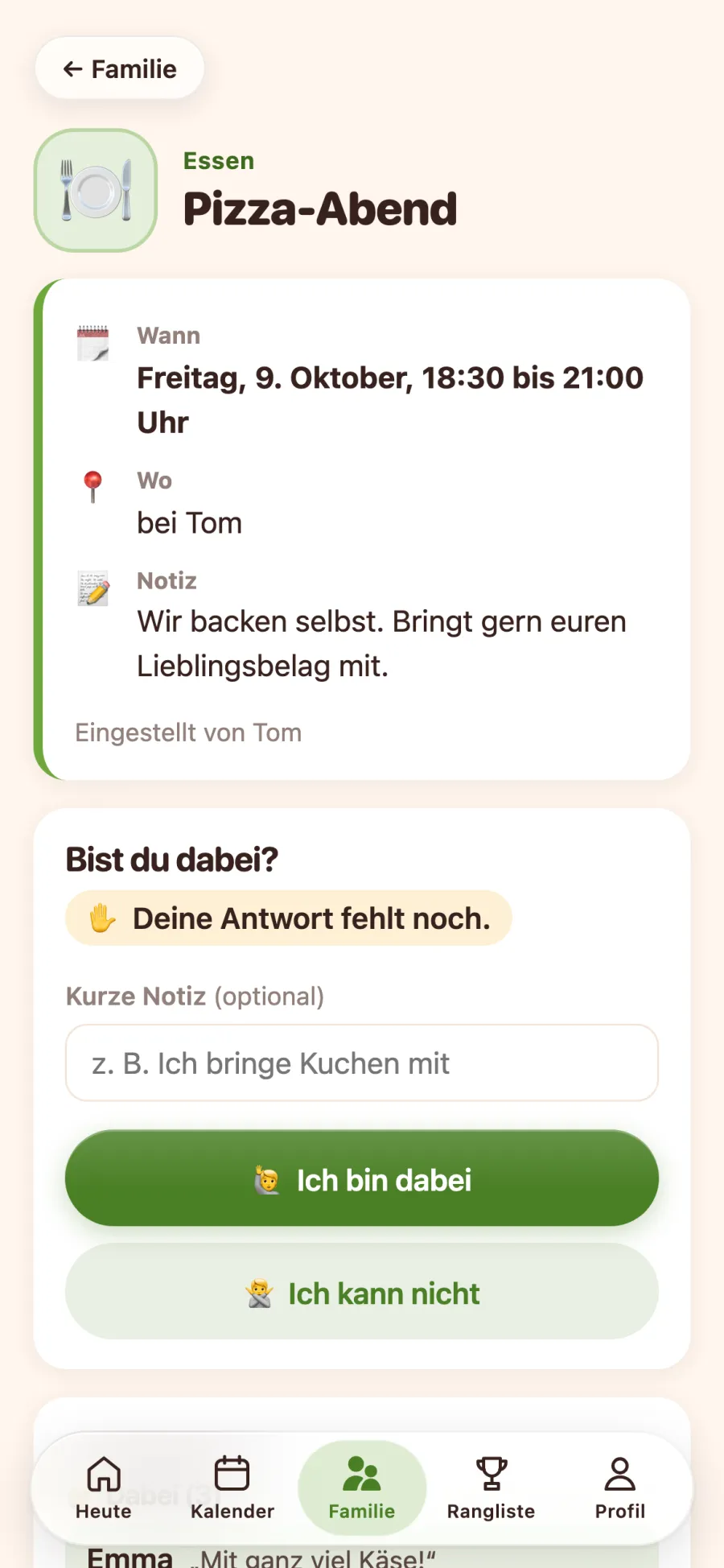 Familientermin Pizza-Abend in der App mit den Knöpfen „Ich bin dabei“ und „Ich kann nicht“