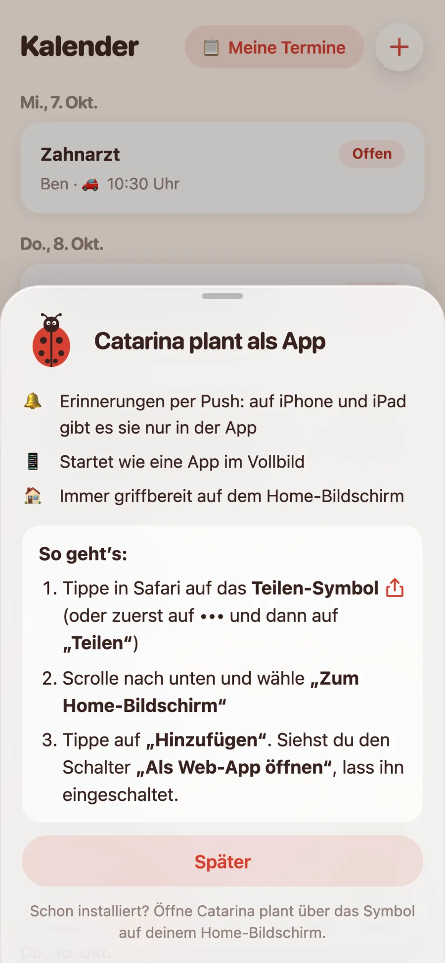 Fenster „Catarina plant als App“ auf dem iPhone mit den drei Schritten über das Teilen-Symbol
