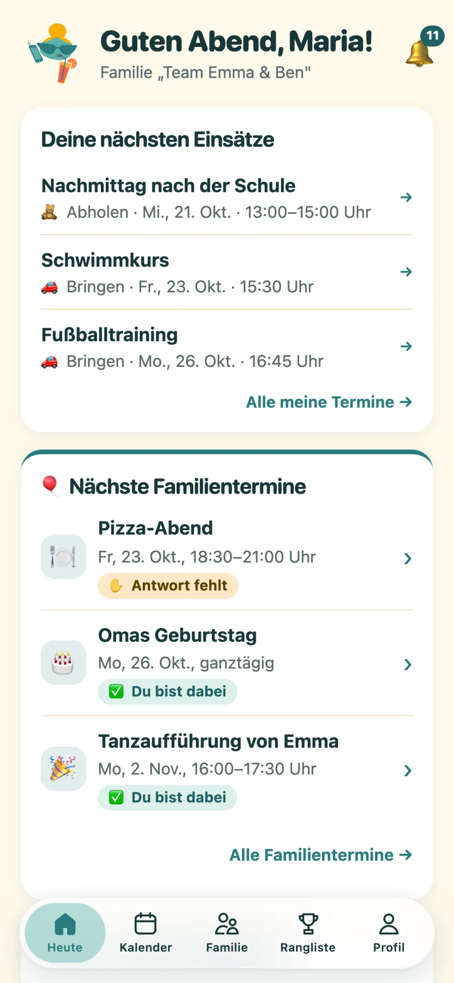 Startseite „Heute“ der App im neuen Design mit dem Logo von Catarina, den nächsten Einsätzen und Familienterminen