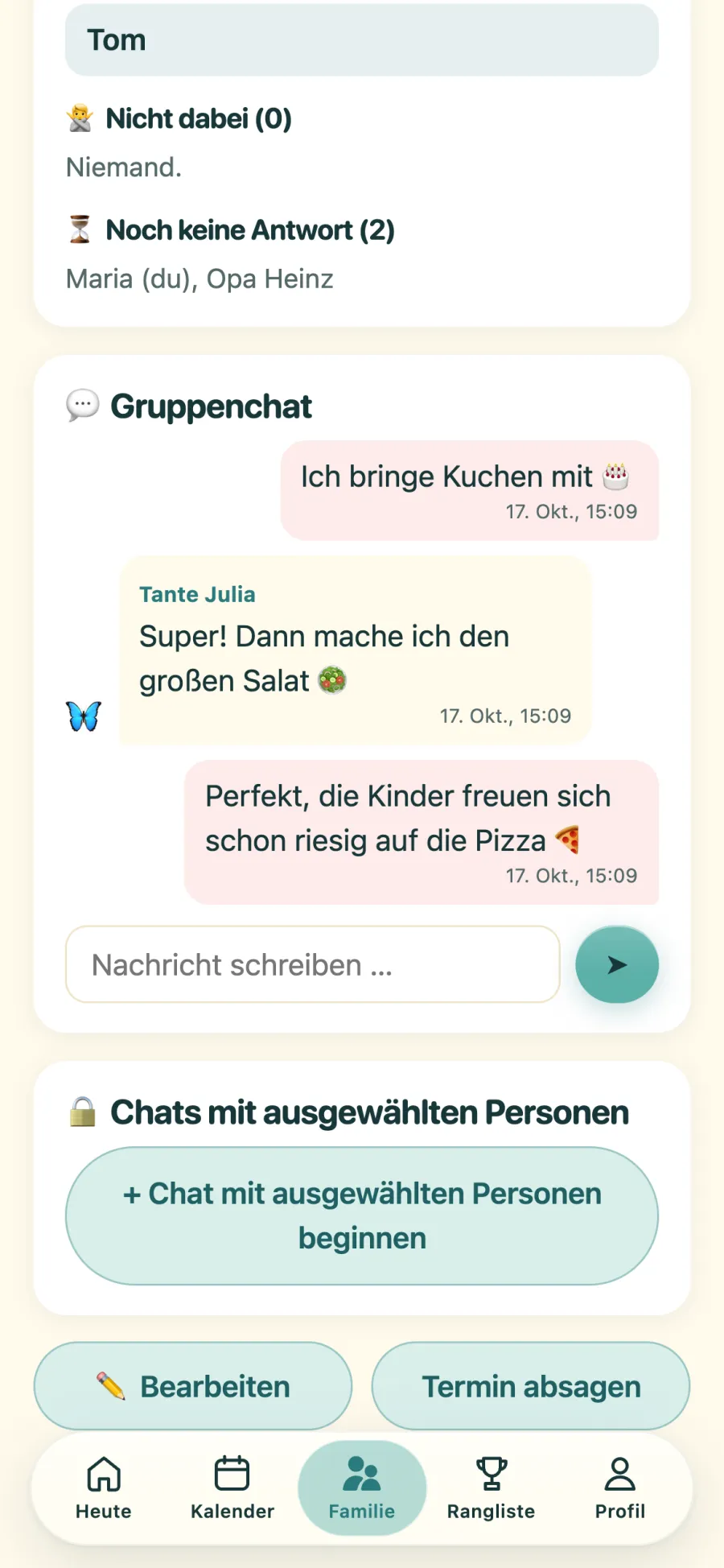 Gruppenchat beim Familientermin Pizza-Abend mit drei Nachrichten, darunter Chats mit ausgewählten Personen