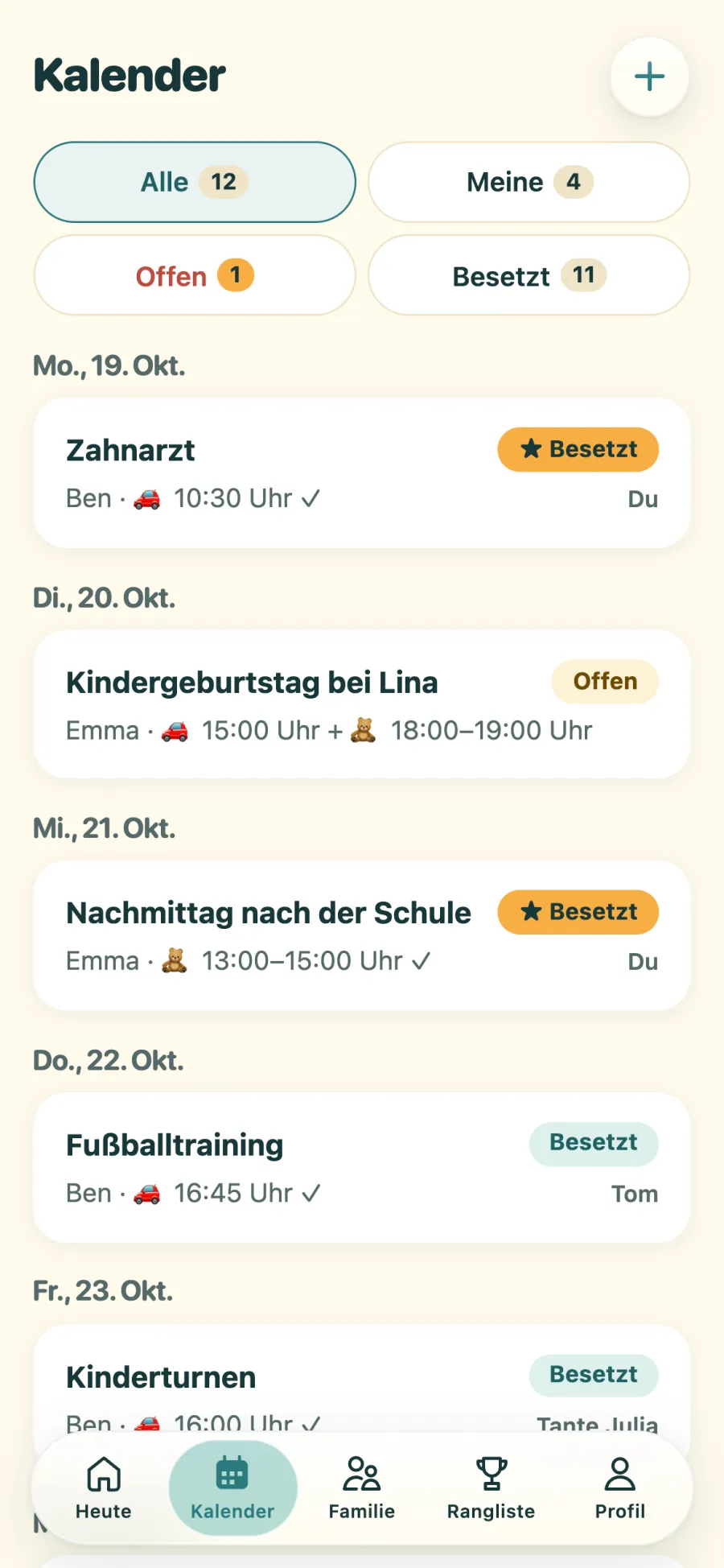 Kalender in der App mit den Filtern Alle, Meine, Offen und Besetzt; eigene Termine tragen die goldene Plakette „★ Besetzt“