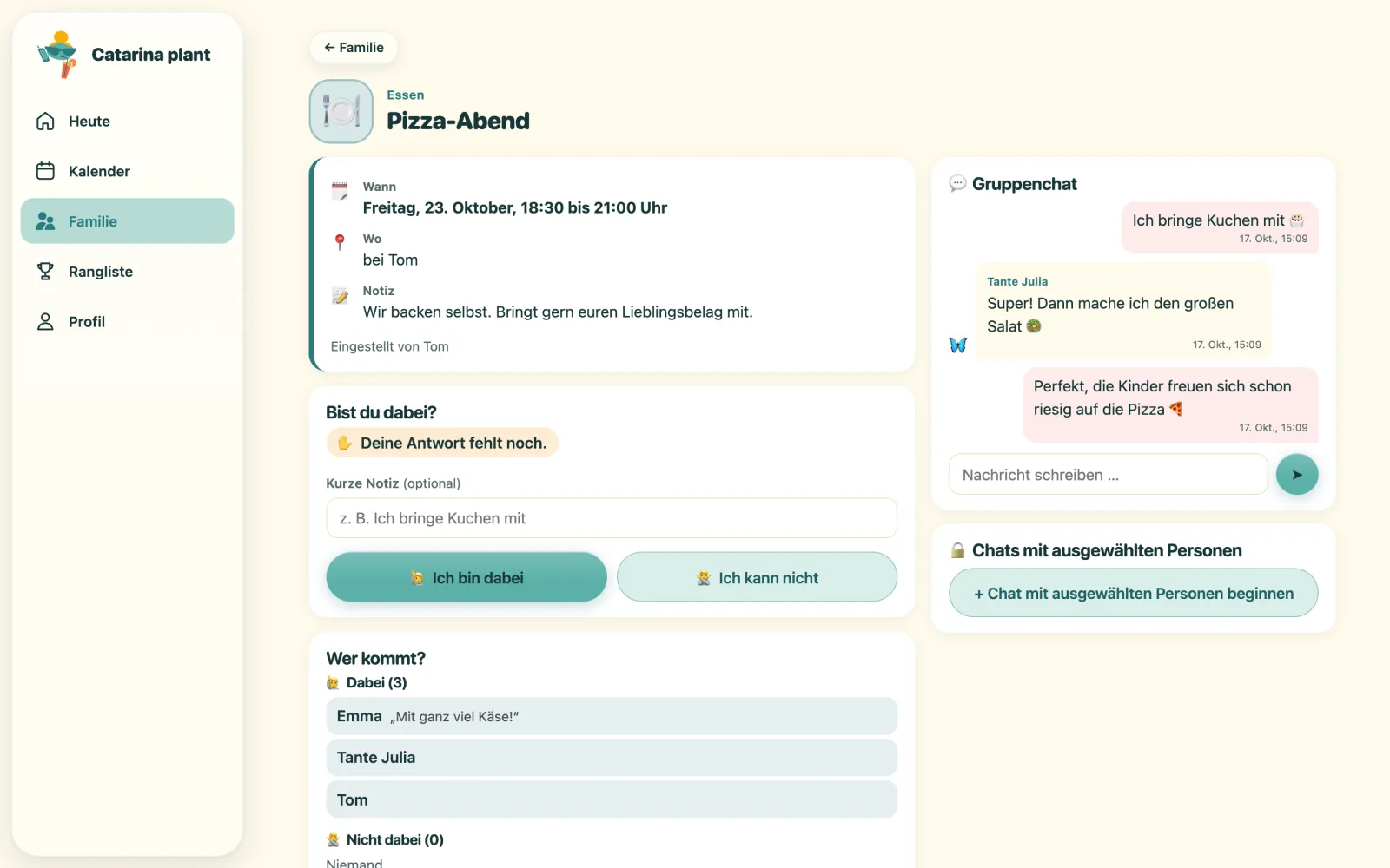 Familientermin Pizza-Abend am Computer: links Ort, Zeit und Zusagen, rechts der Gruppenchat