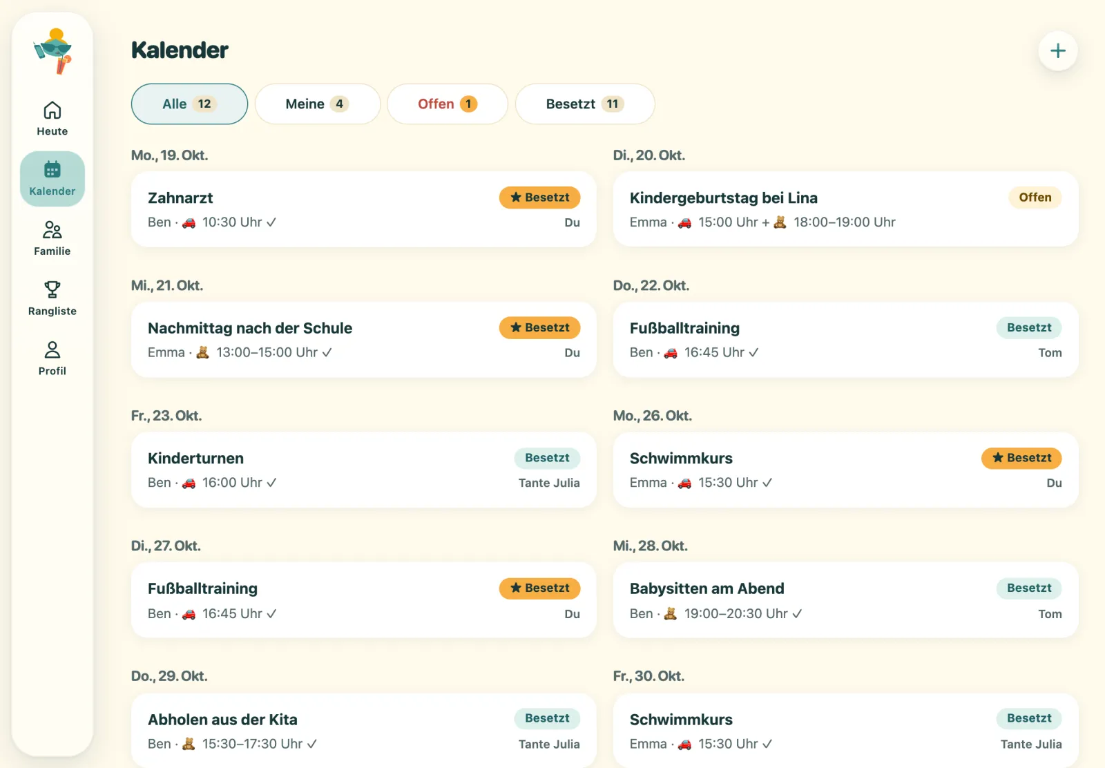 Kalender auf dem iPad im Querformat: Menü als Seitenleiste links, Termine in zwei Spalten mit Filterleiste oben