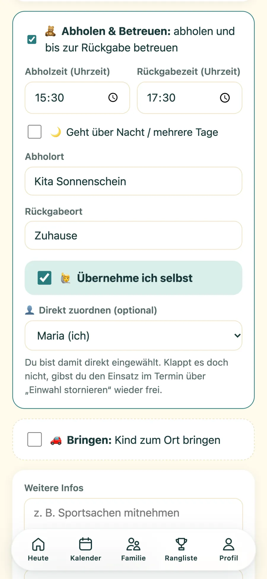 Formular „Neuer Termin“ mit dem Haken „Übernehme ich selbst“ beim Block Abholen und Betreuen
